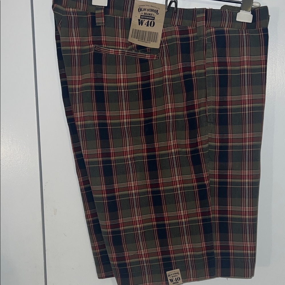 NWT. Plaid Men Shorts - Red and Green reversible to  army green. 2 for 1.  NWT